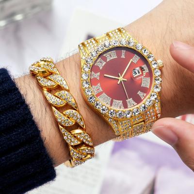 2PCS Men Stainless Steel Watch Set Gold Luxury Fashion Calendar Quartz Watch Rhinestone Wristwatch Man Clock