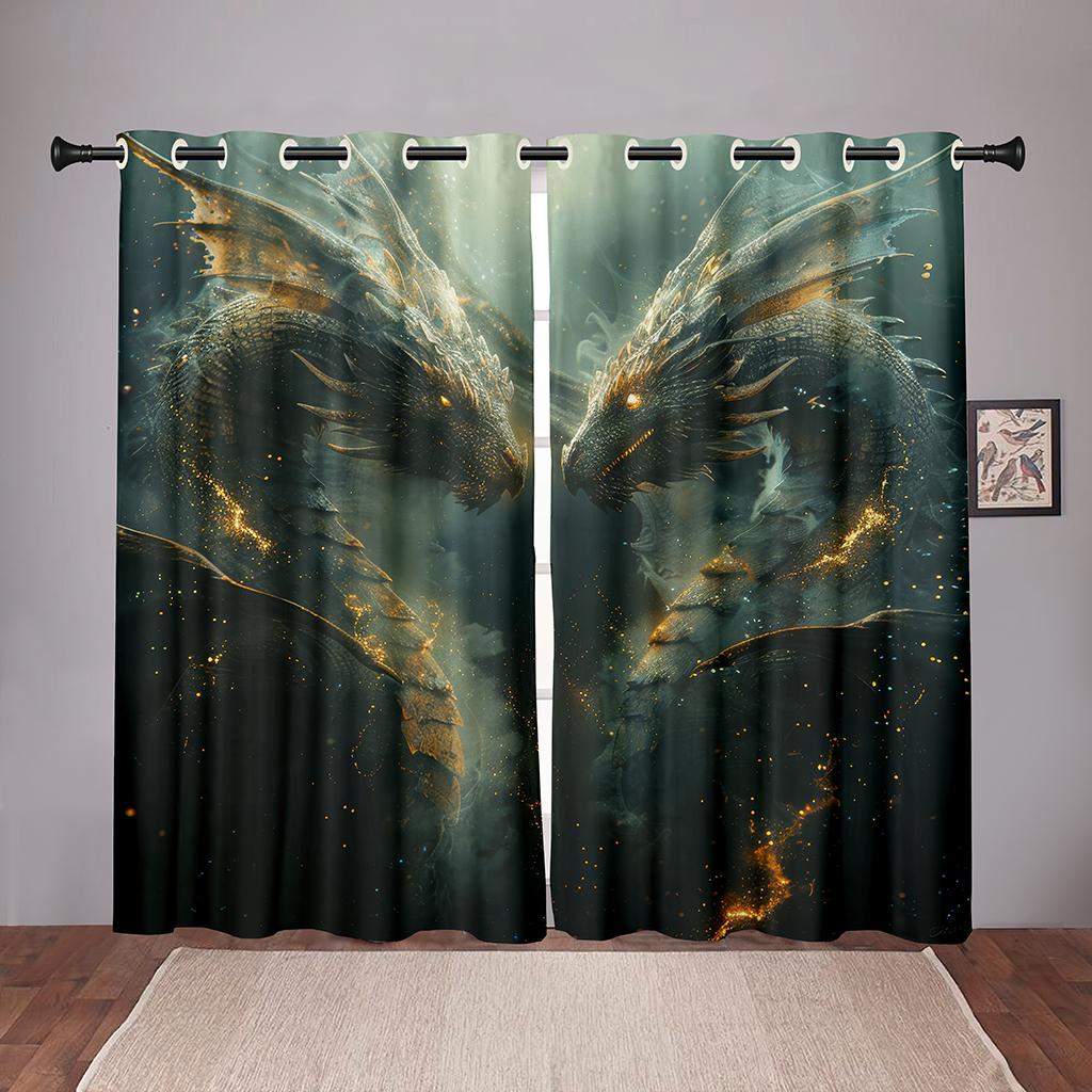 2Pcs 3D Magic Fire Dragon Duel Curtains Starry Sky Digital Print Boys Bedroom Living Room Game Room Decor Curtains