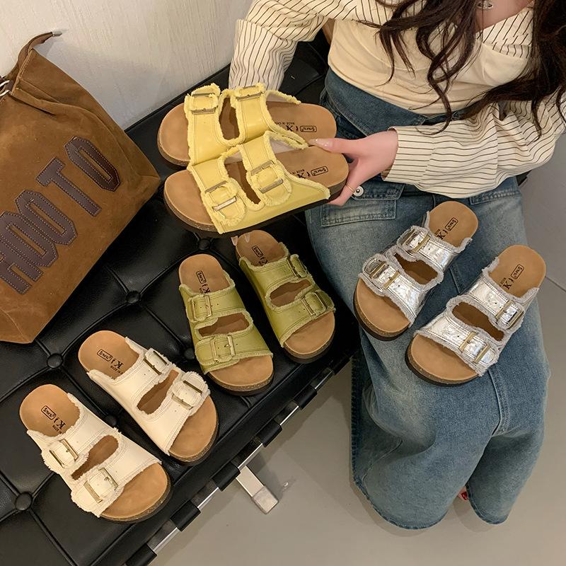 Cowhide Version Thick-soled One-word Boken Slippers for Women To Wear 2025 Summer New Models, Seaside Beach Lazy Cool Slippers