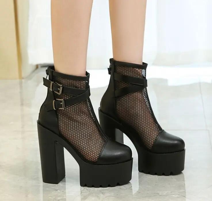 

Fashion 14CM Hollow Out Women Mesh Boots High Heels Summer Autumn Sexy Nightclub Shoes Female Back Zipper Basic Boots Platform Cheap 34