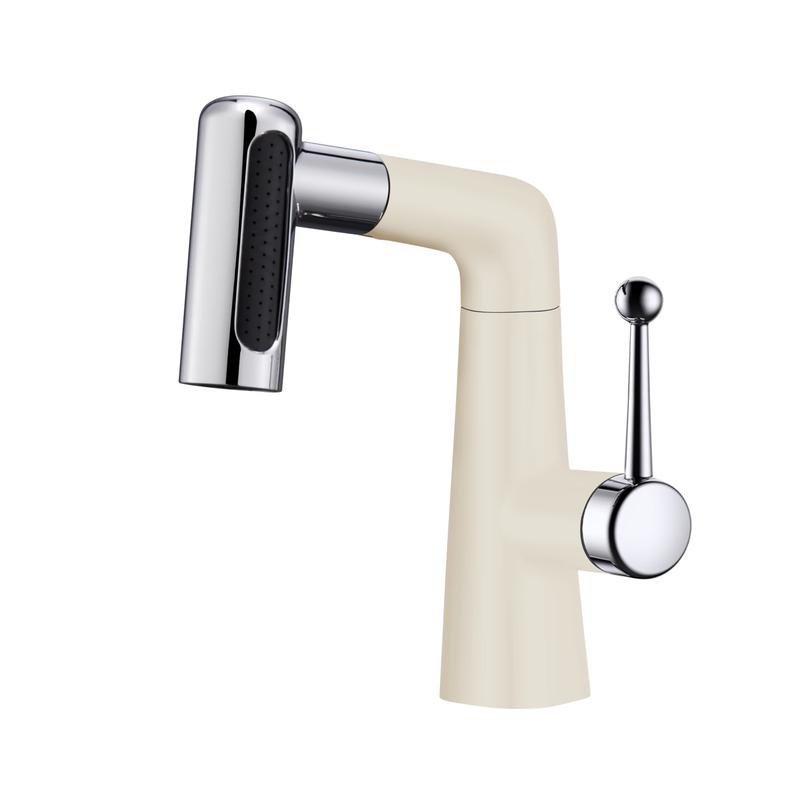 Tai Ju Fu Milk White & Chrome Single Cold Pull-Out Basin Faucet