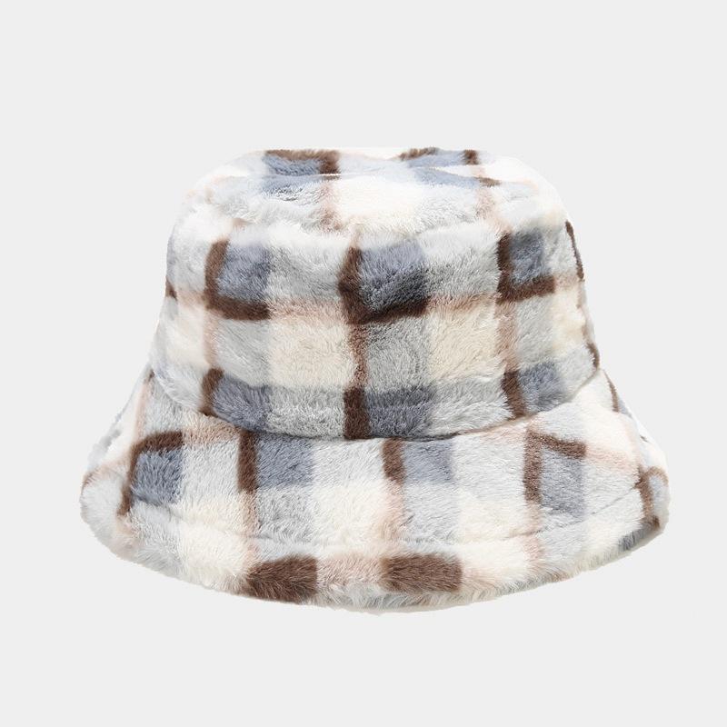 Women S Plaid Faux Fur Bucket Hat Winter Warm Outdoor Casual Hat