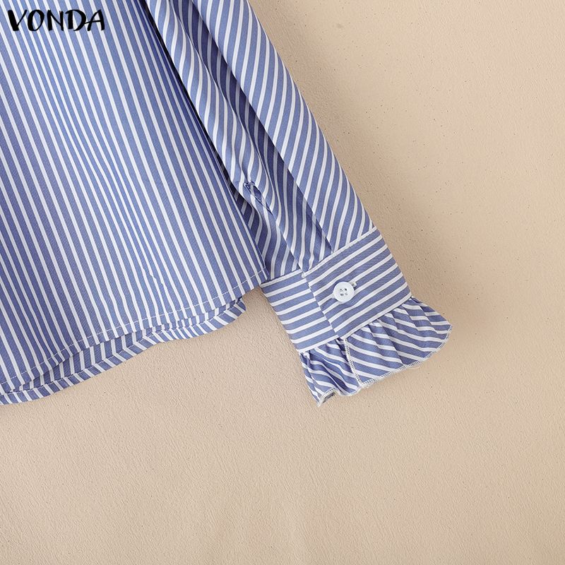 VONDA Womens Casual Stand Neck Ruffled Hem Striped Print Loose Long Sleeve Blouse