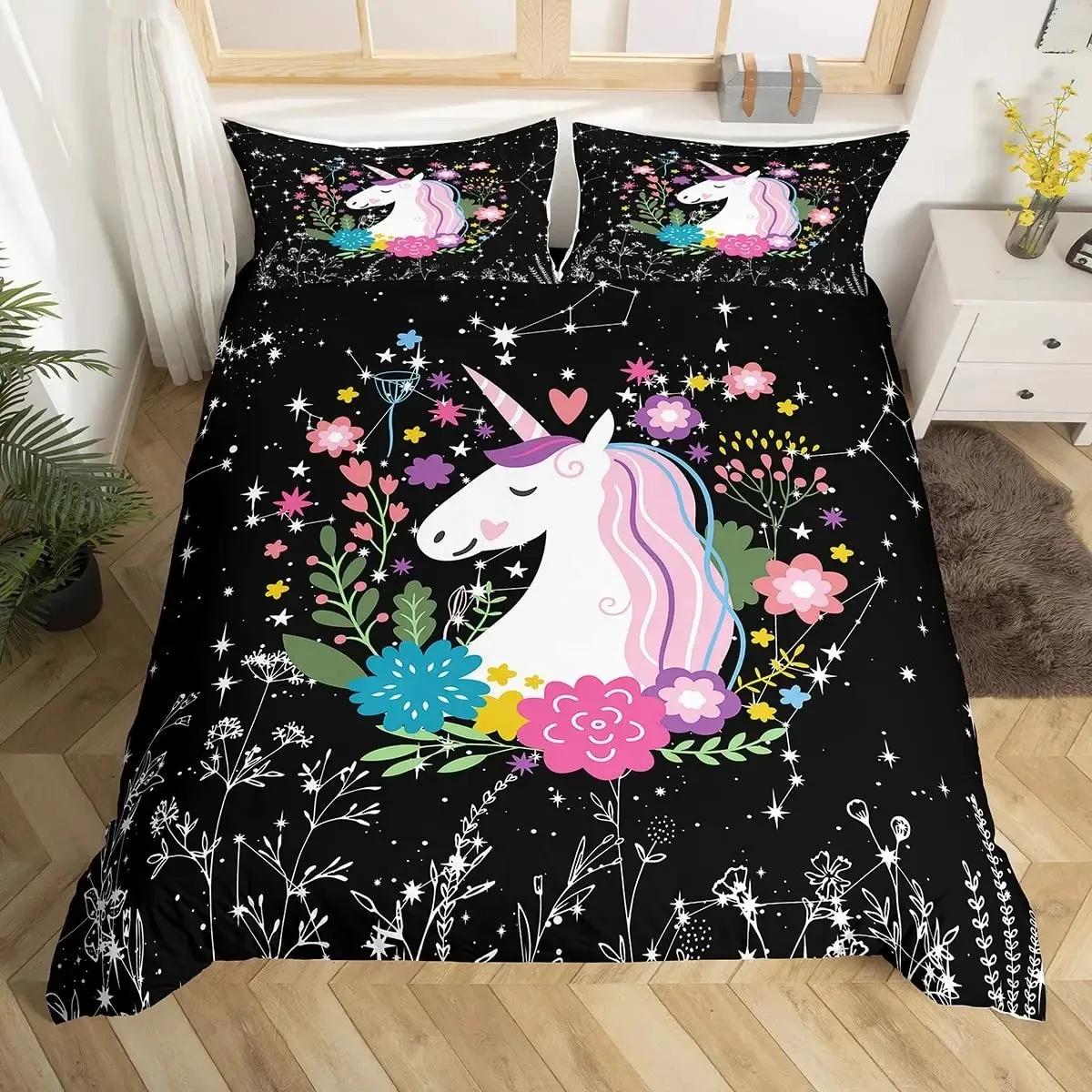Unicorn Duvet Cover Set Floral Unicorn Bedding Sets Galaxy Constellation Comforter Cover Magical Fantasy Botanical Quilt Cover EU Single 135x200cm