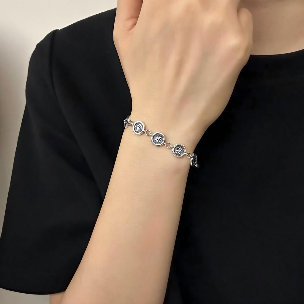 S925 Sterling Silver Auspicious Eight Treasures Bracelet with Eight Guardian Deities Seed Syllables for Men and Women