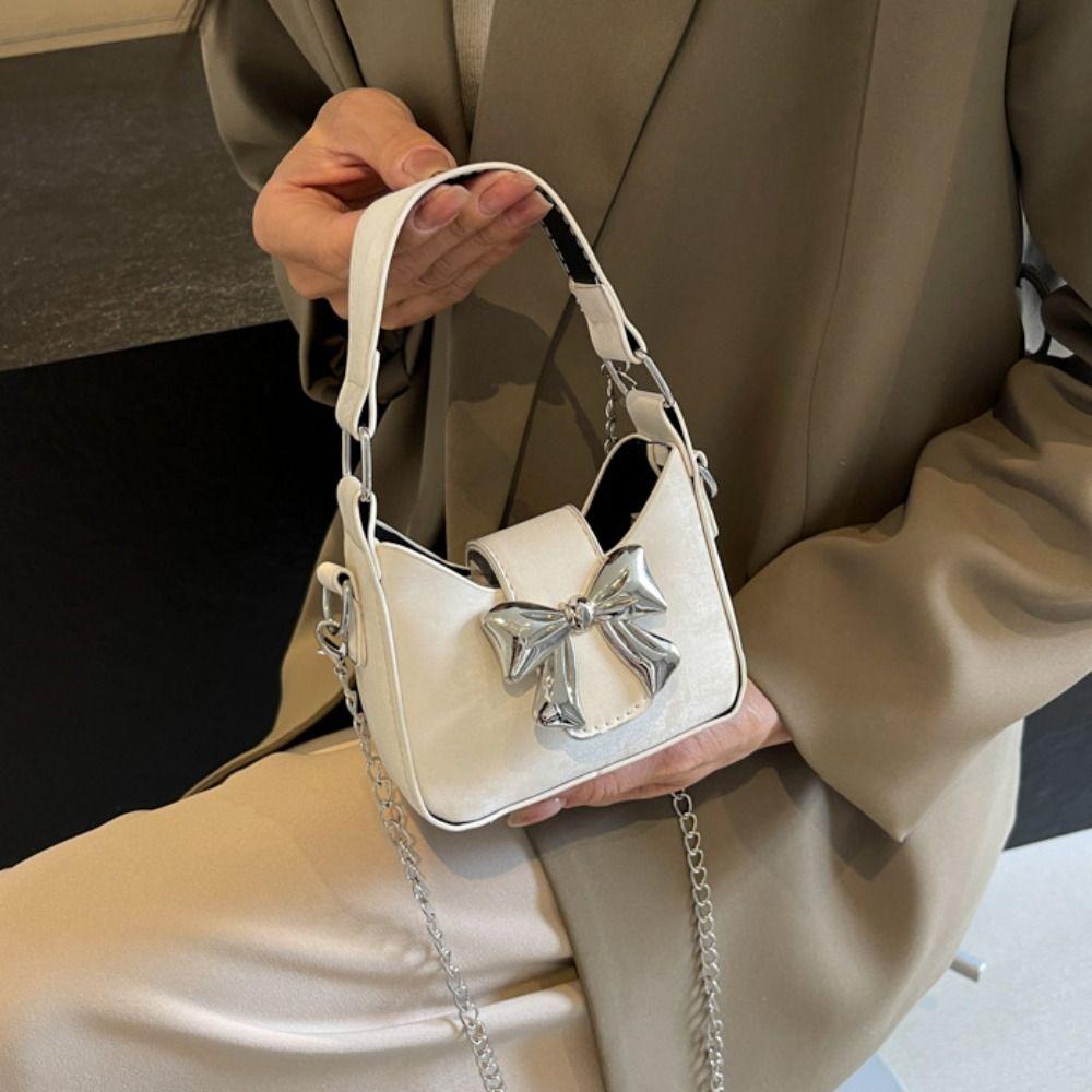 Mini Bow Buckle PU Bag Pu Leather Women's Shoulder Bag Trendy Silver Bucket Bag  Makeup Bag