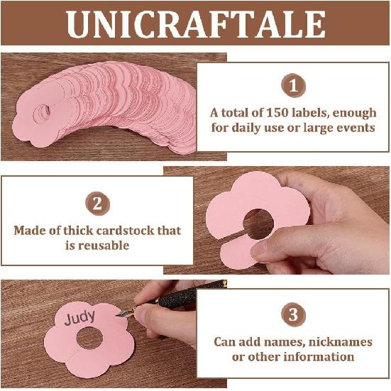 FINGERINSPIRE 150 Pcs Drink Name Tags for Wine Glasses Flower/Round Shape Pink Paper Wine Glass Marker Blank Wine Glass Charm Cocktail Champagne Tag