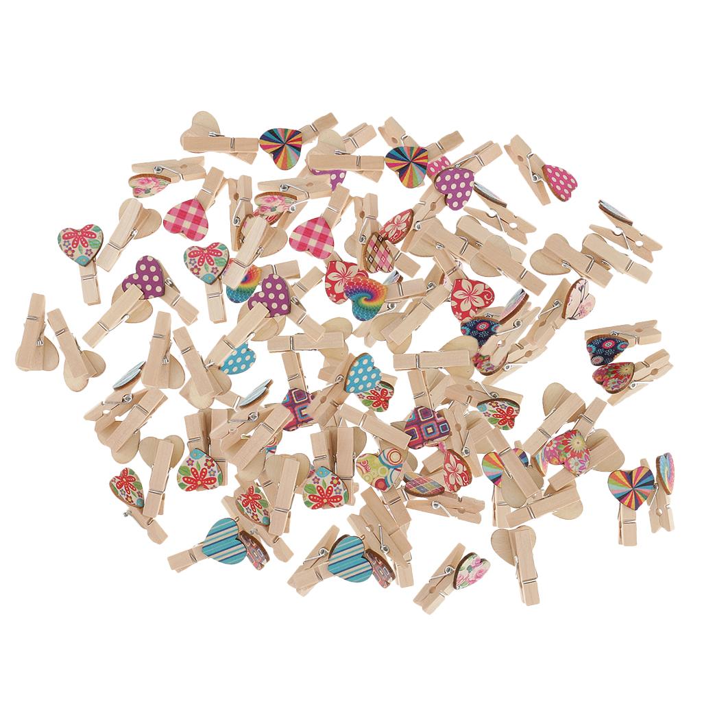 100x Heart Wood Clips Photo Paper Pegs Scrapbooking Embellishments 35mm