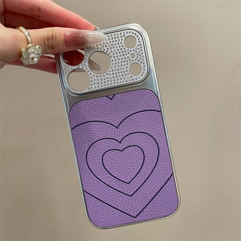 Rhinestone Heart Leather Texture Drop-Proof Phone Case for iPhone 15Pro, 16Pro, 17Pro