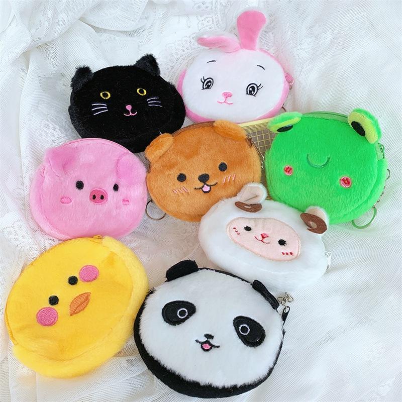 Cute Plush Coin Purse With Bear Head Design Cartoon Print Polyester Material