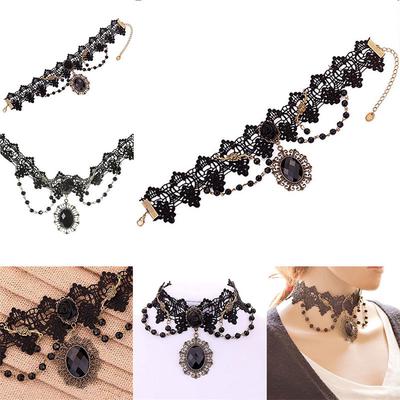 Collier ras du cou en dentelle et perles style gothique Lolita, motif rose noir