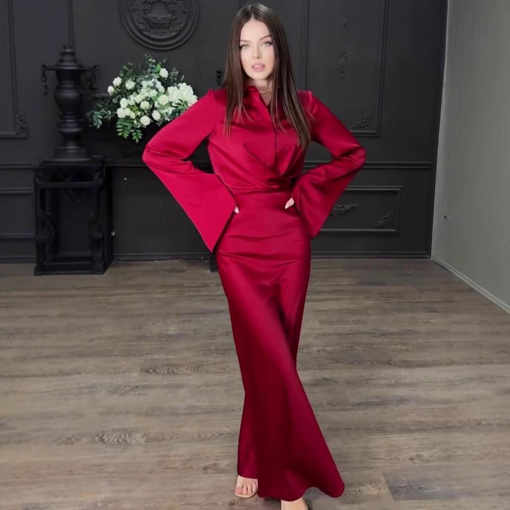 2025 Autumn Satin Flared Sleeve Shirt & Bodycon Skirt Set for Women