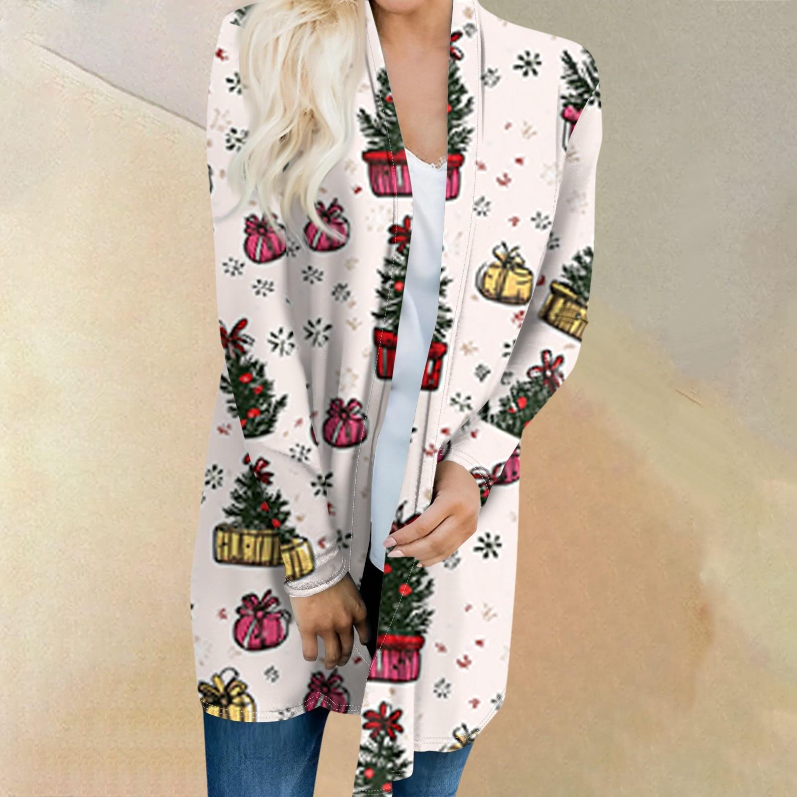 

Женская мода повседневная куртка-кардиган средней длины с принтом рождественской елки L белый