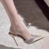 2025 New Pointed Champagne High Heels Thin Heel Bag Head Sexy Light Mouth Rhinestone Silk
