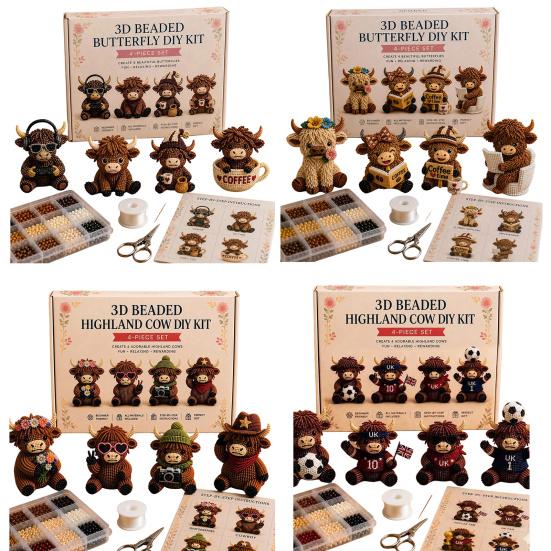 3D Perlen Highland Rind Bausatz für Erwachsene, Kleine 3D Perltiere, DIY Perlen-Set, Highland Rind Perlenstickerei Kits, 4 Niedliche Designs Rind Thema Perlenarbeiten