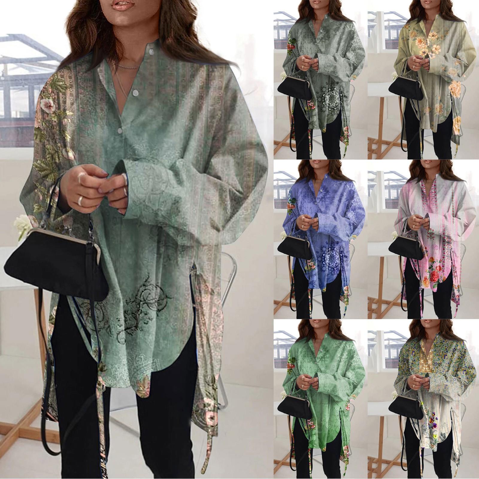 

Fashion Casual Buttons Print Long Sleeve Lapel Loose Type Shirt For Women