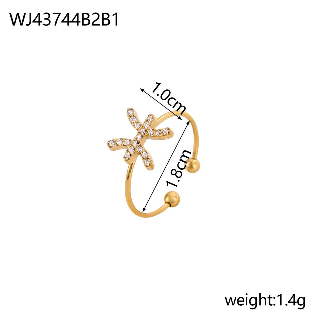 CARLIDANA Vintage Letter Heart Adjustable Gold Plated Stainless Steel 12 Zodiac Sign Zircon Letter Open Ring Jewelry Women