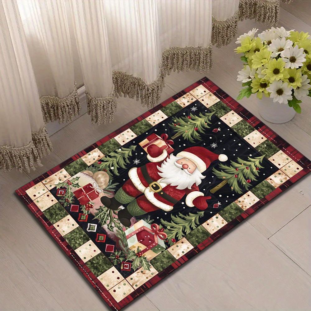 Festive Father Christmas Area Rug,  Crystal Velvet, Holiday-Themed Design with Santa Claus and Christmas Decorations, Sof