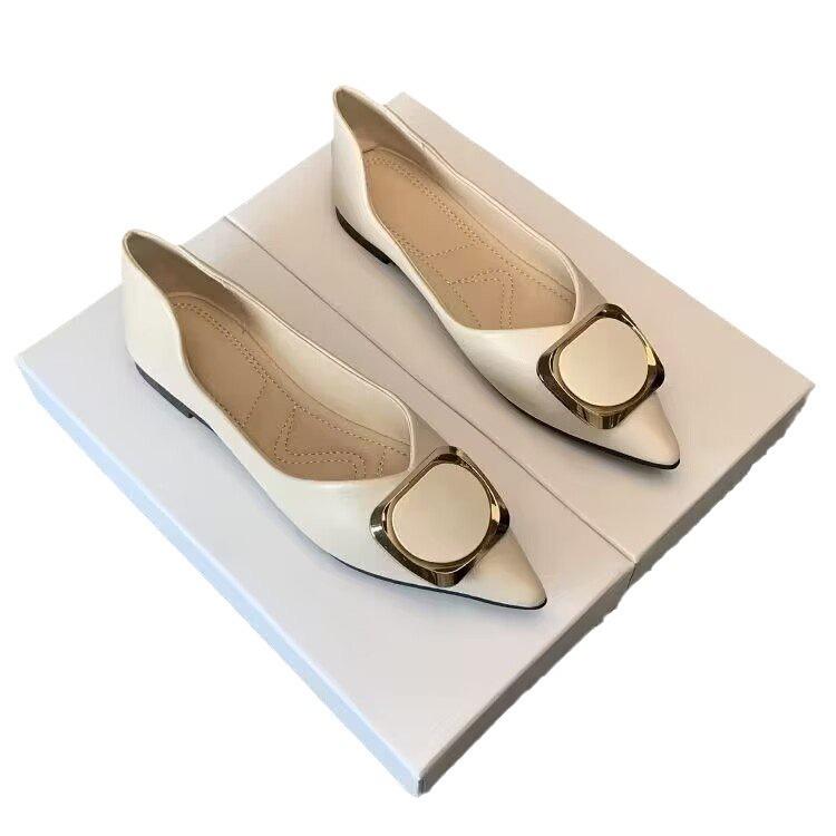 Flat shoes women's shallow mouth 2025 spring new versatile four-season pointed single shoes soft sole square buckle ladyshoes comfortable Doudou shoes