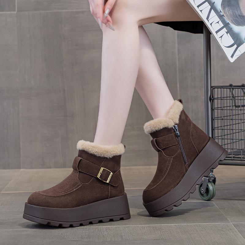9968 leather snow boots women's cotton shoes winter velvet new retro short boots thick sole