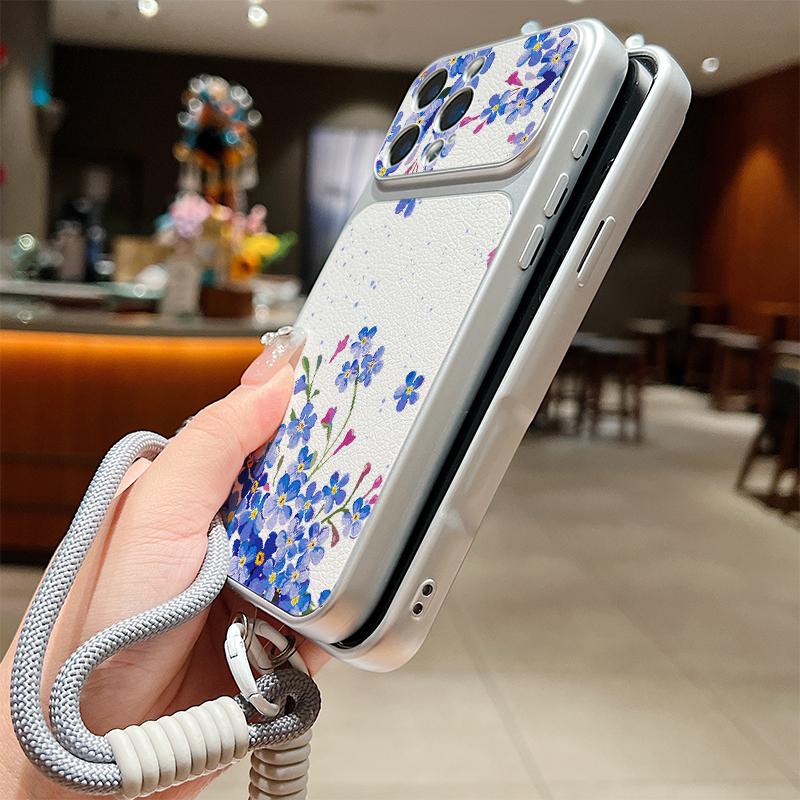 Colorful Flowers Print Leather Lanyard Case For iPhone 18 Pro Max Hybrid TPU+PU Anti-skid Soft Cover For iPhone 17 16 15 14 13 Pro Max