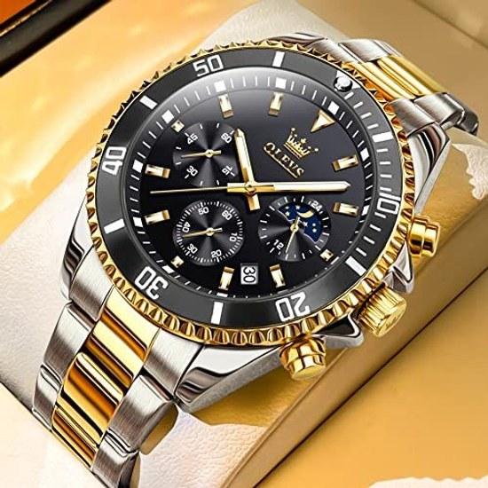OLEVS wristwatch mens quartz analog date silver metal band waterproof black dial large easy-to-read unidirectional rotating bezel