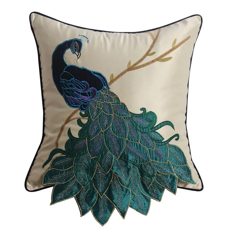 New Chinese Style Embroidered Peacock Pillow Chinese Style Cushion Mahogany Sofa Cushion Cover Model Room Bed Waist Pillow Cover 45x45CM without core