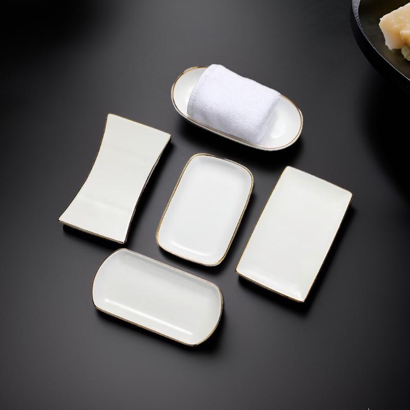 SIFAR Gold Rim Ceramic Rectangular Towel Tray