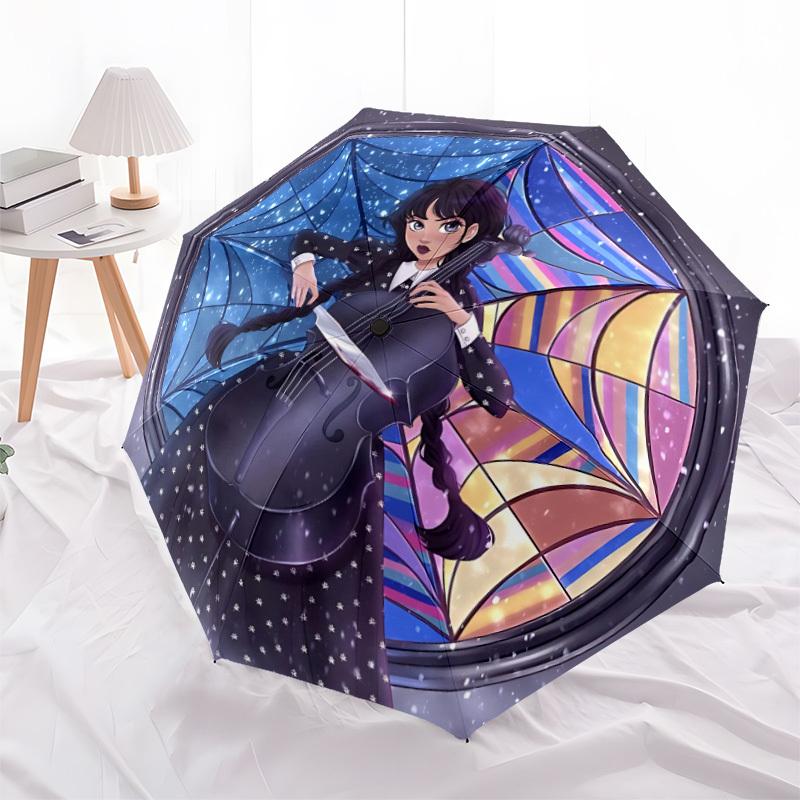 1pc Wednesday Addams Automatic Open/Close Folding Umbrella, Windproof 8-Rib Construction, Lightweight Travel Umbrella A0903206