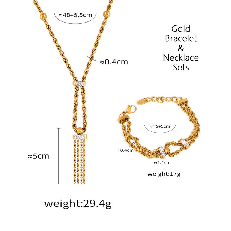 Women's Tassel Pendant Stainless Steel Necklace Bracelet 18k Gold Plated Waterproof Twist Neck Chain Bracelets Set For Women