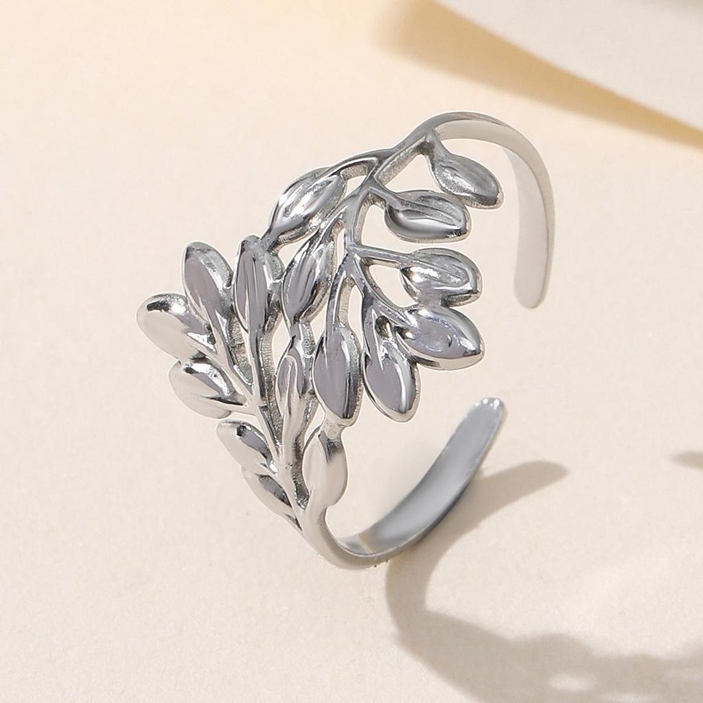 Mori-Style Leaf Design Adjustable Stainless Steel Ring for Women
