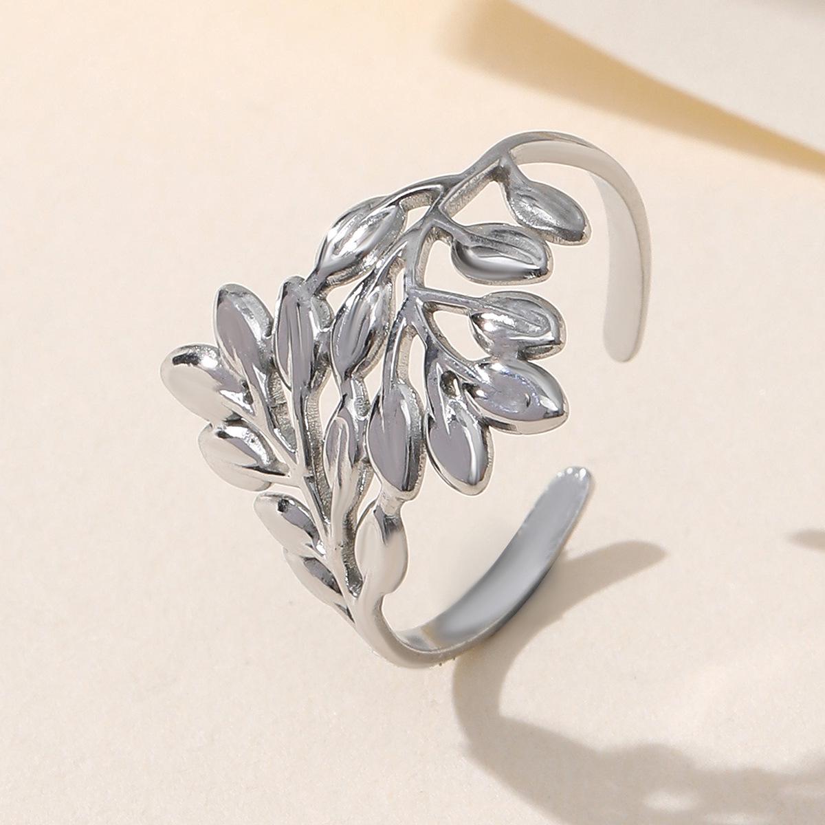 Mori-Style Leaf Design Adjustable Stainless Steel Ring for Women