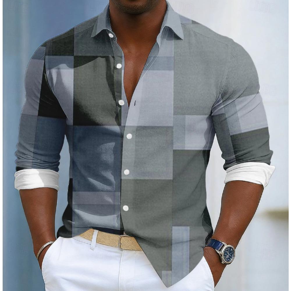 Men's Geometric Pattern Printed Long Sleeve Shirts Casual Cardigan New Button Holiday Fashion Shirts