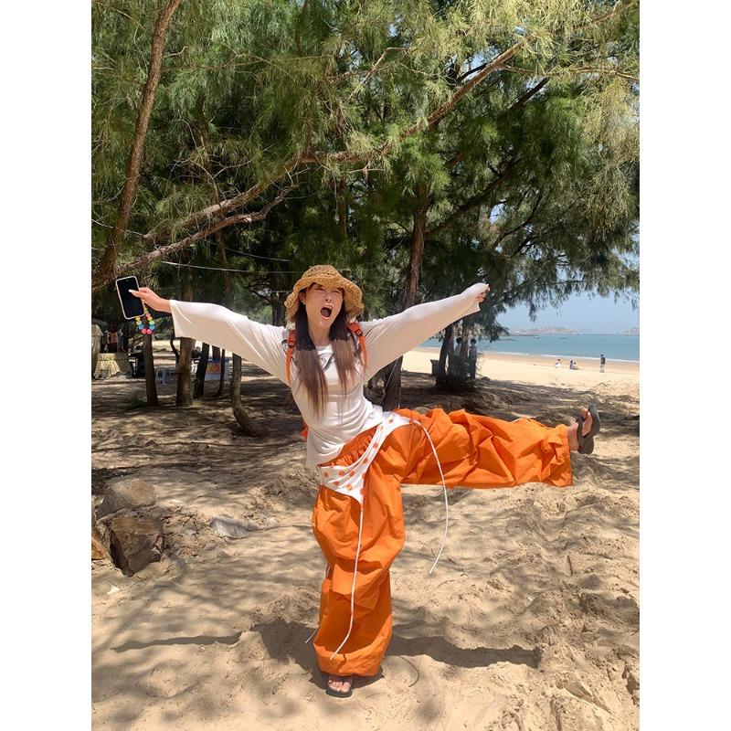 

Candy color scimitar pants women s summer new retro polka dot stacked strap pleated loose wide-leg pants 2XL оранжевый