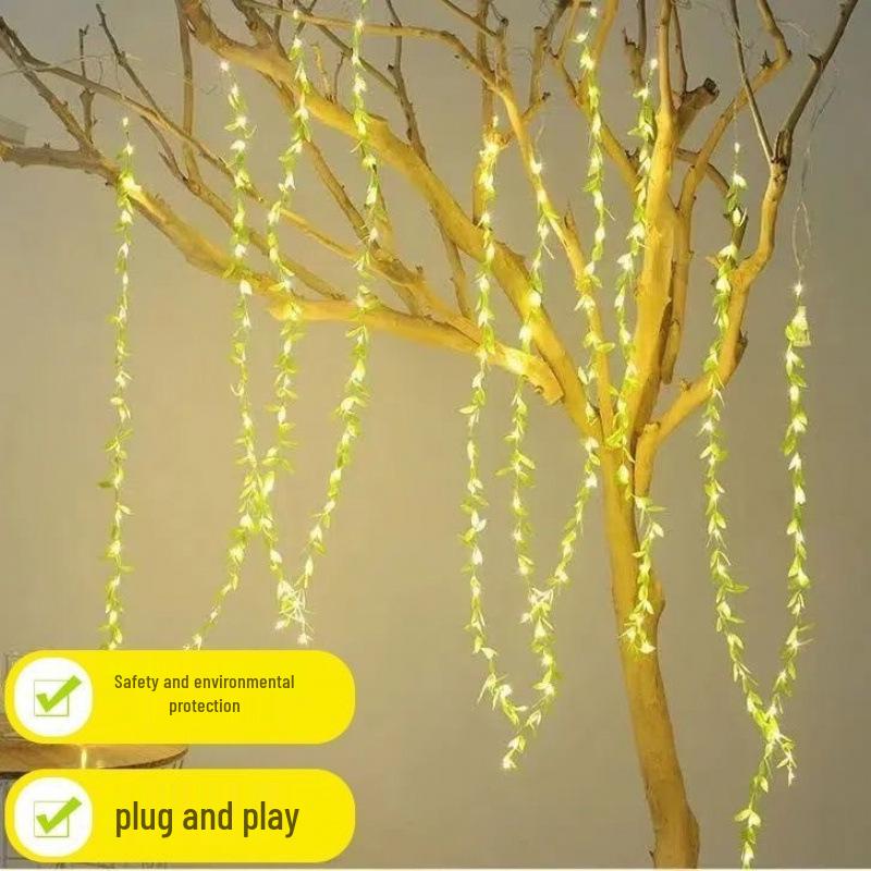 LED Willow Vine Lights: Green Leaf String with Copper Wire for Decorative Illumination