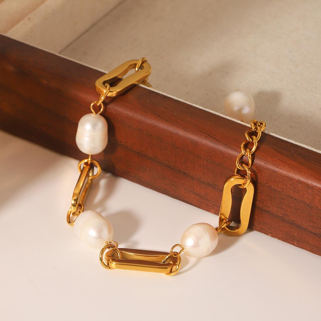 Simple Paper Clip Chain Freshwater Pearl Bracelet Fashion Gold Jewelry Long Lasting