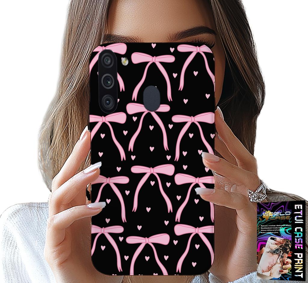 Etui Do Samsung Galaxy A21 - Czarno Różowe Wstążki Kokardki Wstążka