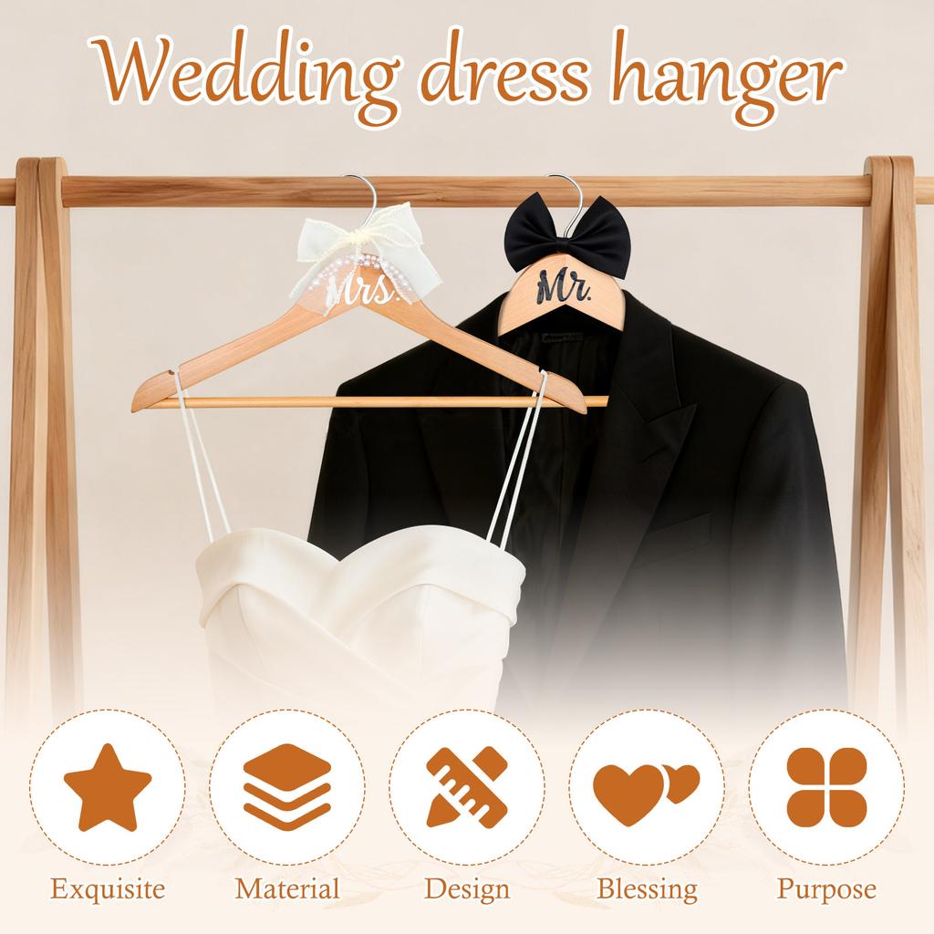 4Pcs clothes hangers Dress Hanger with Bow Pearl Bride Groom Gown Dress Tuxedo Suit  Anti Slip WoodenHanger Wedding Supplies
