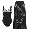 Womens Two-Piece Deep V Neck Push Up One-Piece Swimsuit With Cover Skirt Beach