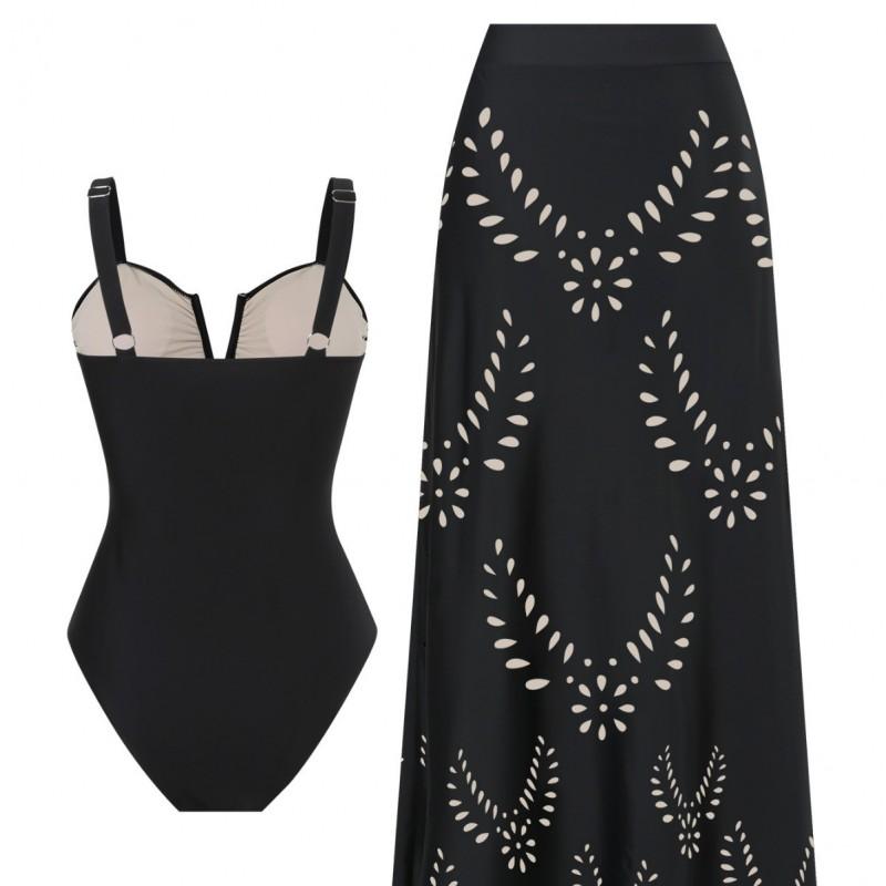 Womens Two-Piece Deep V Neck Push Up One-Piece Swimsuit With Cover Skirt Beach