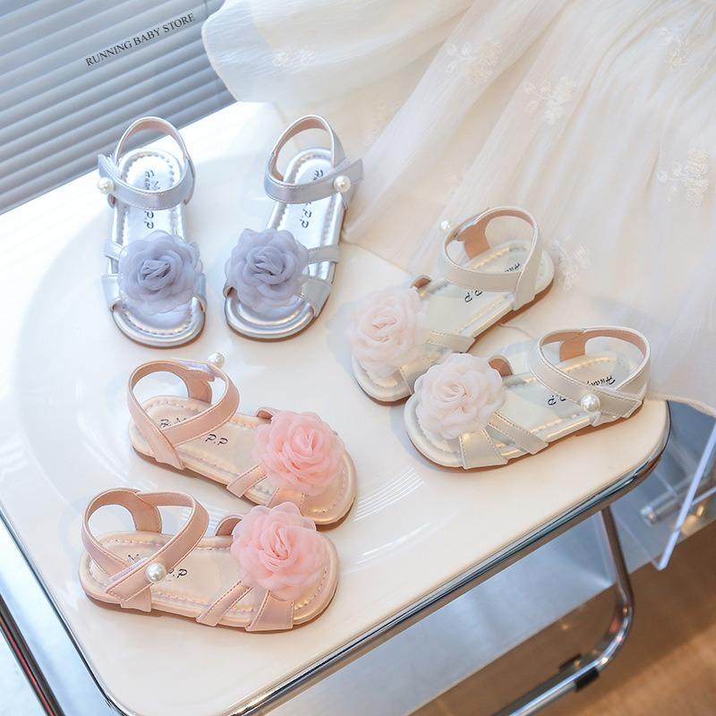New Princess Shoes Girl Sandals with Tulle Rose Decor Little Girls Dress Shoes for Summer School Runway Performance shoes I05252
