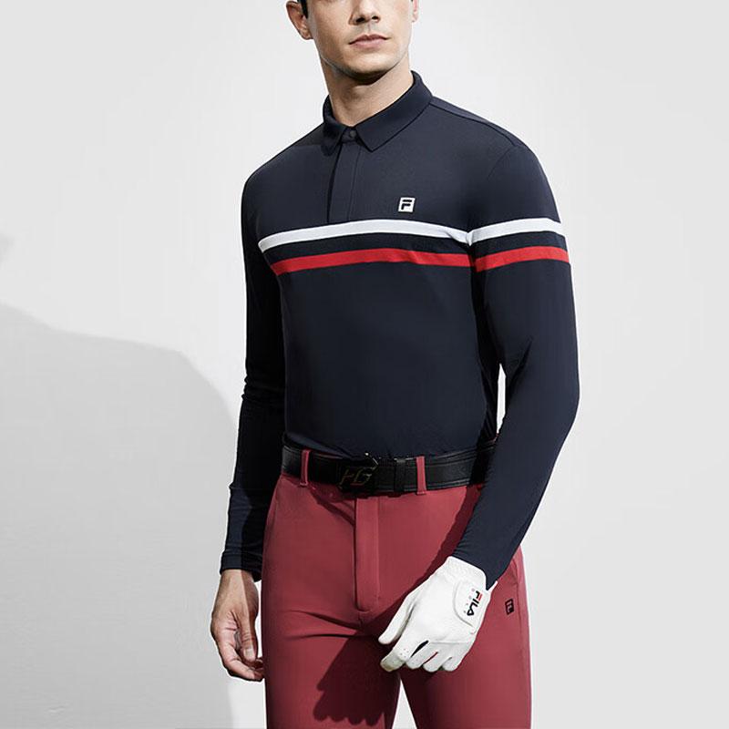 Fila Golf Series Color Block Knitted Long Sleeve Polo Shirt Men Tops Legendary-Blue A11M415217F-NV