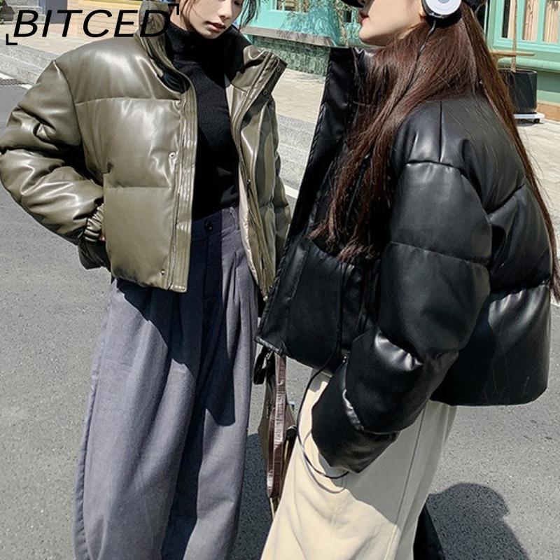 BITCED Autumn/Winter Cotton-Lined Leather Jacket for Women Stand-Up Collar Short-Length Warm Padded Coat