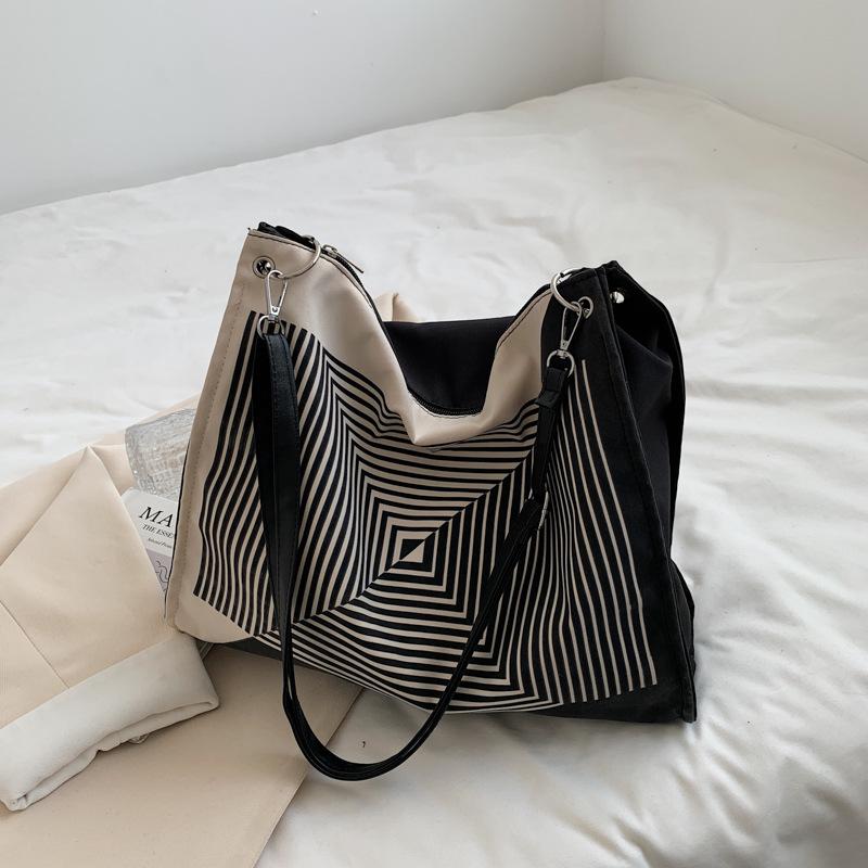 Women's Canvas Shoulder Bag Striped Printed Casual Totes  for Ladies Fashion Vintage Armpit Shopping Handbag