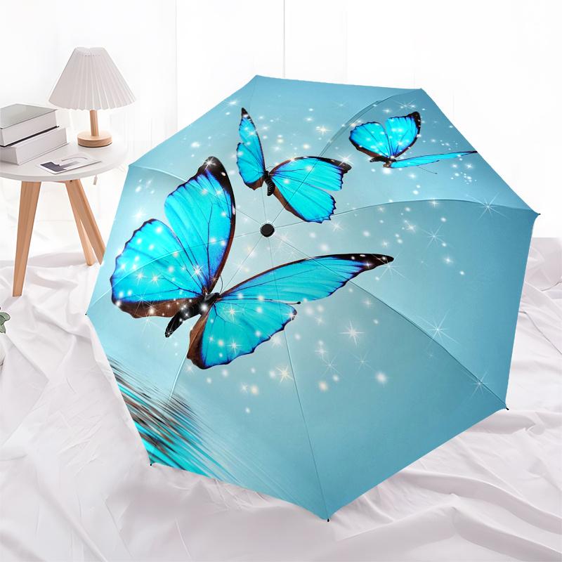 Blue Butterfly Wall Sticker, Sparkling Butterflies Home Decor Art MuralUmbrella, Cute Umbrella with Cute Design, Portable 3-Fold Compact Umbrella for