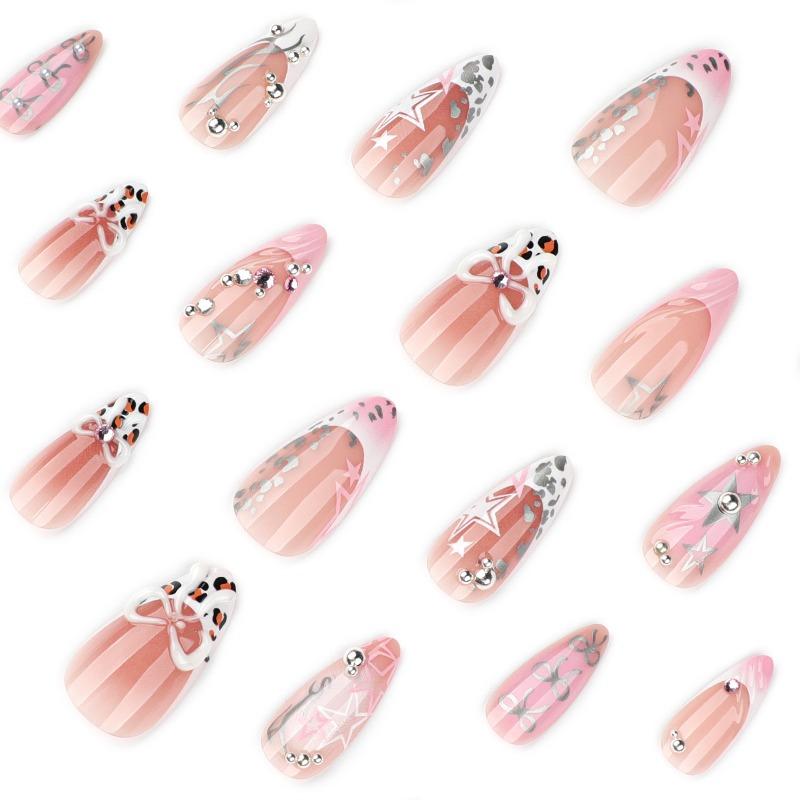 French pink sweet cool wearing nail cross-border hot-selling 3D three-dimensional bow nail art fake nail almond nail piece