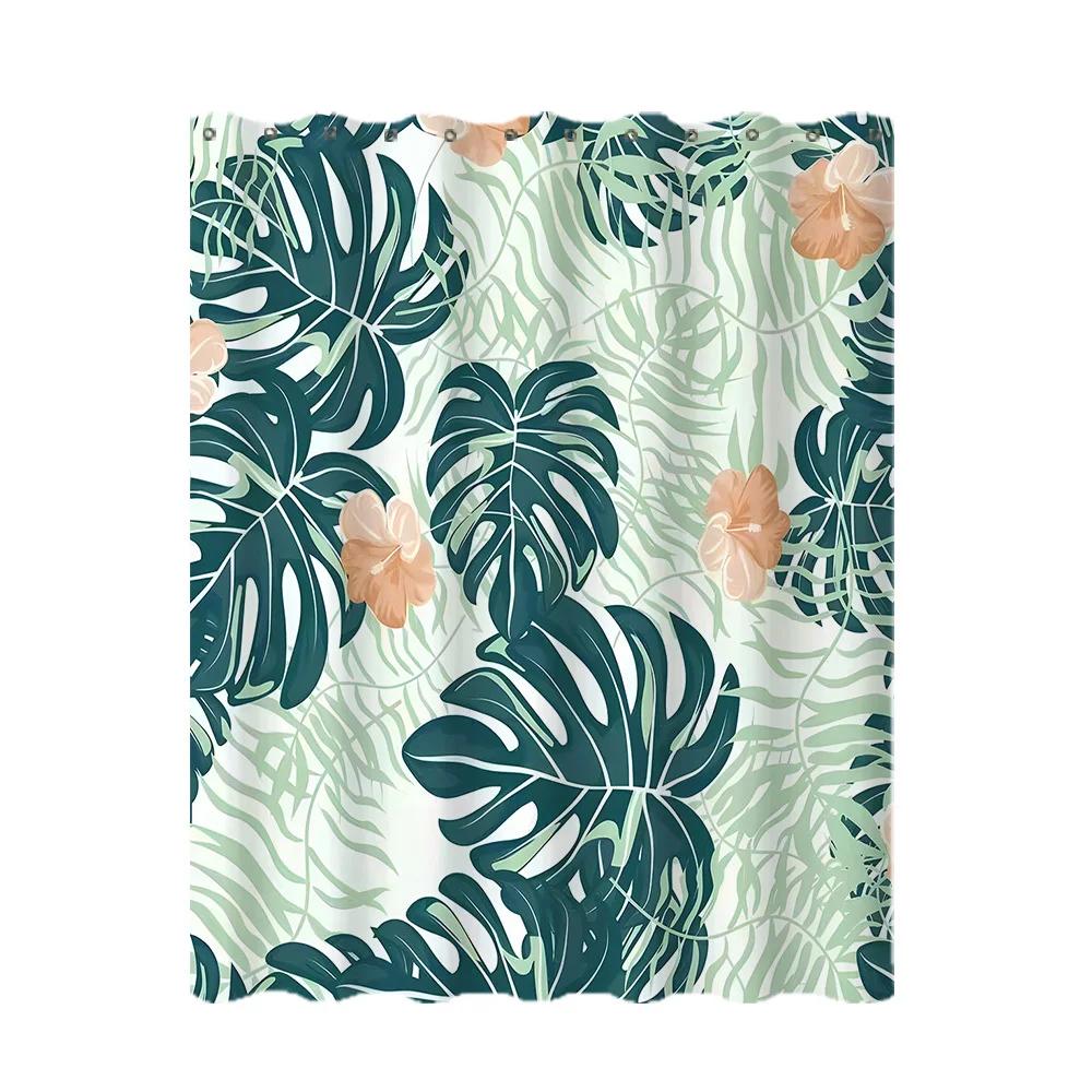 Tropical Leaf Shower Curtain - Nordic Palm Design, Water-Resistant Polyester, Eyelets, Machine Washable, Artistic Bath Decor
