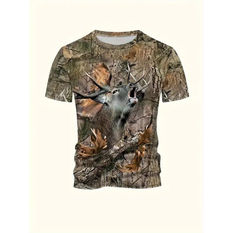 Men's Deer Print T-shirt Sports Short Sleeved Crew Neck T-shirt for Summer Outdoor Fitness Workout Men's Clothing