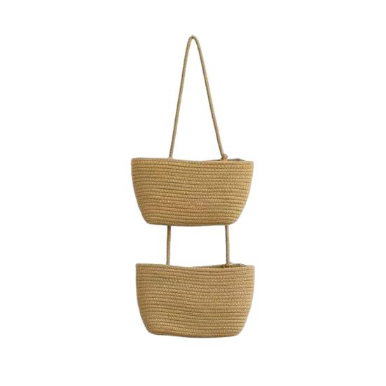 Rope Woven Storage Basket Boho Foldable Washable Hanging Baskets Multi-Tier Wall Mounted Organizer for Kitchen Produce Nursery Decor