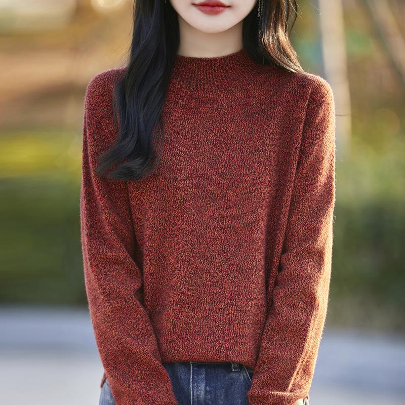 Women's Soft Loose Knit Sweater: Slub Yarn Semi-High Neck Pullover